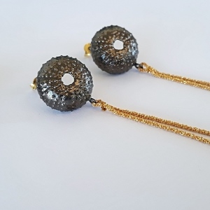 Urchin Chain Earrings-Ασημένια Σκουλαρίκια Αχινός με Αλυσίδα - ασήμι, αλυσίδες, καλοκαιρινό, επιχρυσωμένα, ασήμι 925, κοχύλι, χειροποίητα σκουλαρίκια με πέρλε, θάλασσα, μακριά - 4