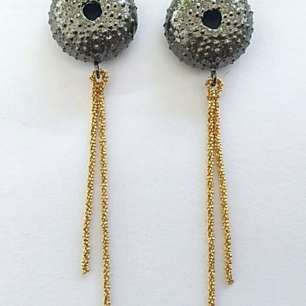 Urchin Chain Earrings-Ασημένια Σκουλαρίκια Αχινός με Αλυσίδα - χειροποίητα σκουλαρίκια με πέρλε, θάλασσα, κοχύλι, καλοκαιρινό, ασήμι 925, ασήμι, αλυσίδες, επιχρυσωμένα, μακριά - 5