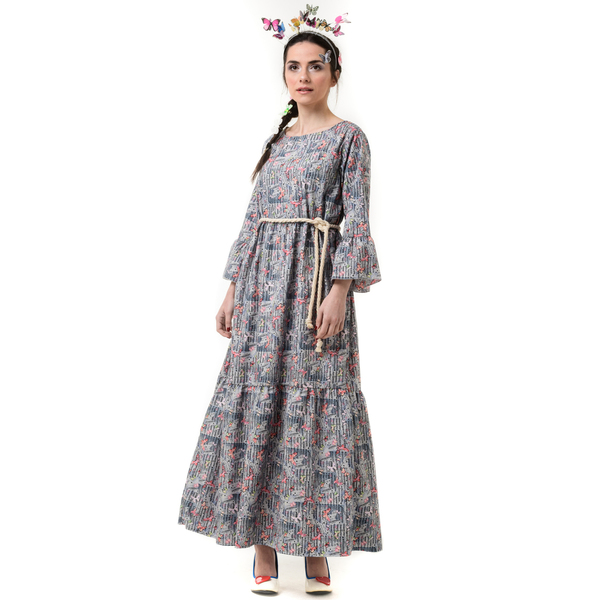 Γκρι Μακρύ Φόρεμα με Βολάν & Πεταλούδες - βαμβάκι, φλοράλ - 2