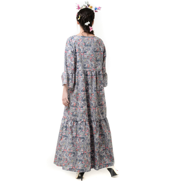 Γκρι Μακρύ Φόρεμα με Βολάν & Πεταλούδες - βαμβάκι, φλοράλ - 3