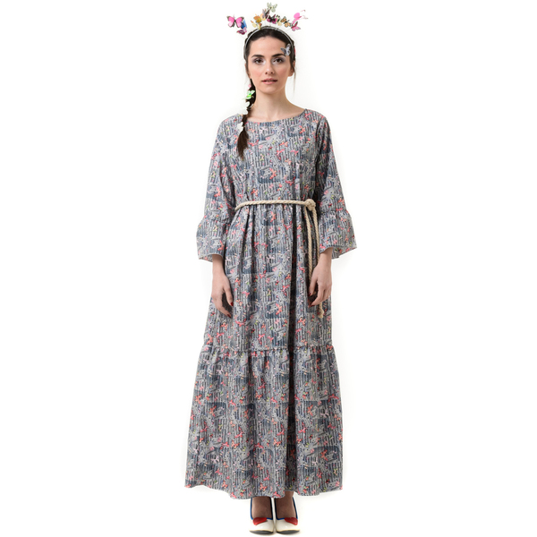 Γκρι Μακρύ Φόρεμα με Βολάν & Πεταλούδες - βαμβάκι, φλοράλ - 4