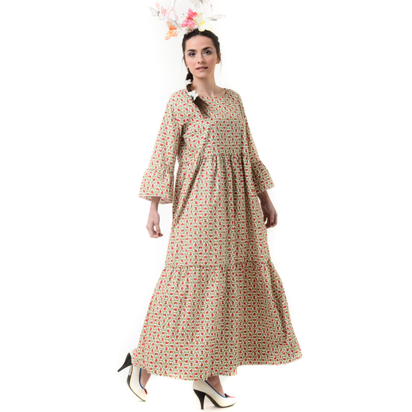 Φλοράλ Μακρύ Φόρεμα με Μανίκι Καμπάνα - βαμβάκι, φλοράλ