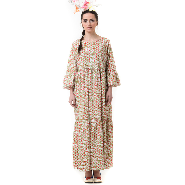 Φλοράλ Μακρύ Φόρεμα με Μανίκι Καμπάνα - βαμβάκι, φλοράλ - 2