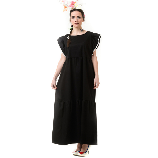 Μαύρο Μακρύ Φόρεμα Με Μανίκια Βολάν - βαμβάκι, αμάνικο