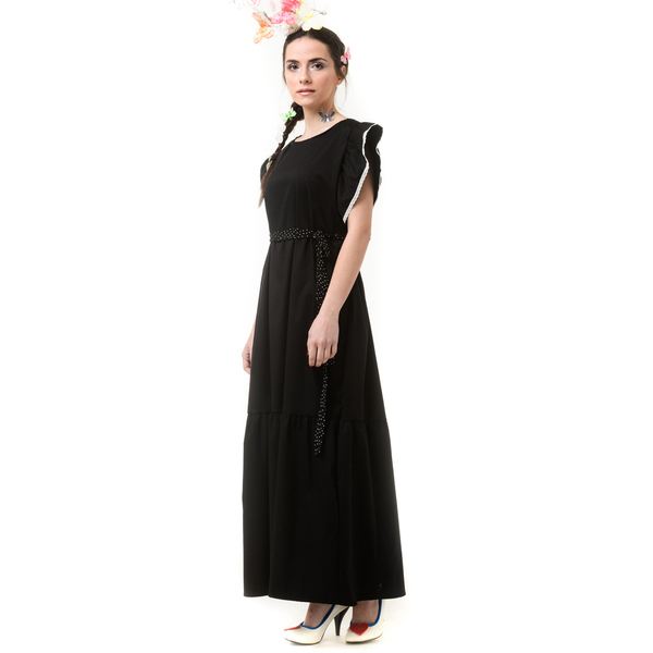 Μαύρο Μακρύ Φόρεμα Με Μανίκια Βολάν - βαμβάκι, αμάνικο - 2