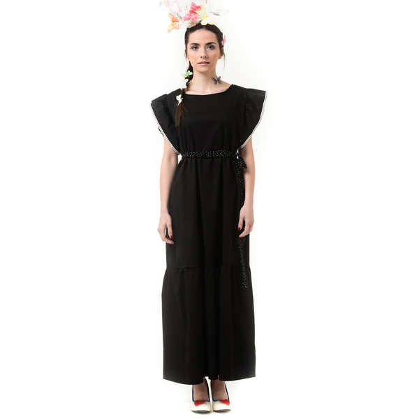 Μαύρο Μακρύ Φόρεμα Με Μανίκια Βολάν - βαμβάκι, αμάνικο - 3