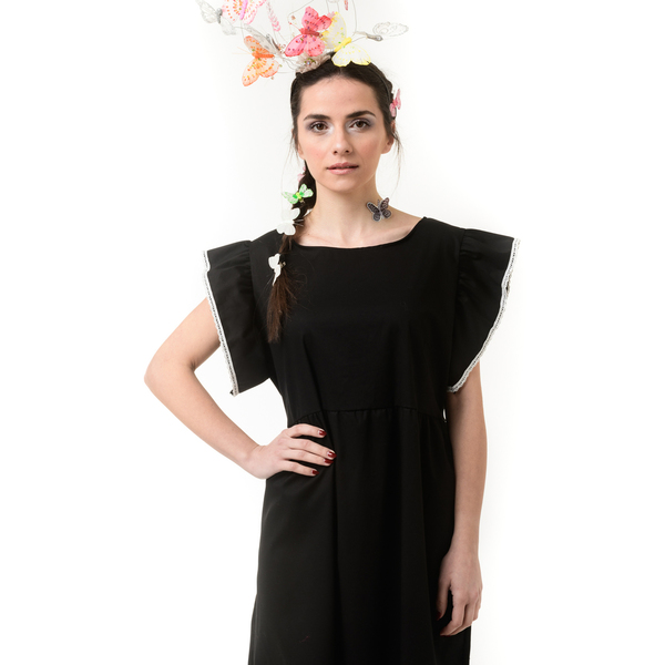 Μαύρο Μακρύ Φόρεμα Με Μανίκια Βολάν - βαμβάκι, αμάνικο - 4