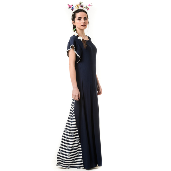 Μπλε Μακρύ Φόρεμα με Ουρά & Φιόγκο Ριγέ - ριγέ - 3