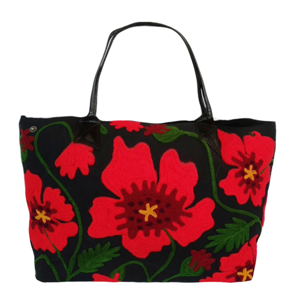 Τσάντα ώμου κεντημένη μαύρη με κόκκινα λουλούδια - βαμβάκι, κεντητά, ώμου, φλοράλ