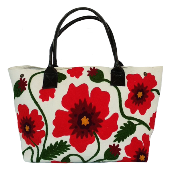 Τσάντα ώμου κεντημένη άσπρη με κόκκινα λουλούδια - βαμβάκι, κεντητά, ώμου, φλοράλ