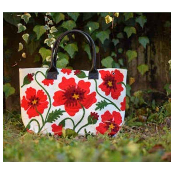 Τσάντα ώμου κεντημένη άσπρη με κόκκινα λουλούδια - βαμβάκι, κεντητά, ώμου, φλοράλ - 2