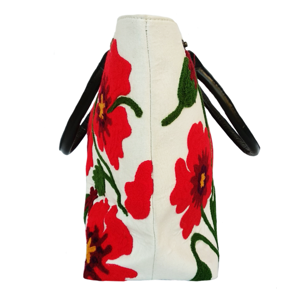 Τσάντα ώμου κεντημένη άσπρη με κόκκινα λουλούδια - βαμβάκι, κεντητά, ώμου, φλοράλ - 3