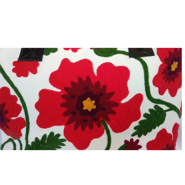 Τσάντα ώμου κεντημένη άσπρη με κόκκινα λουλούδια - βαμβάκι, κεντητά, ώμου, φλοράλ - 5
