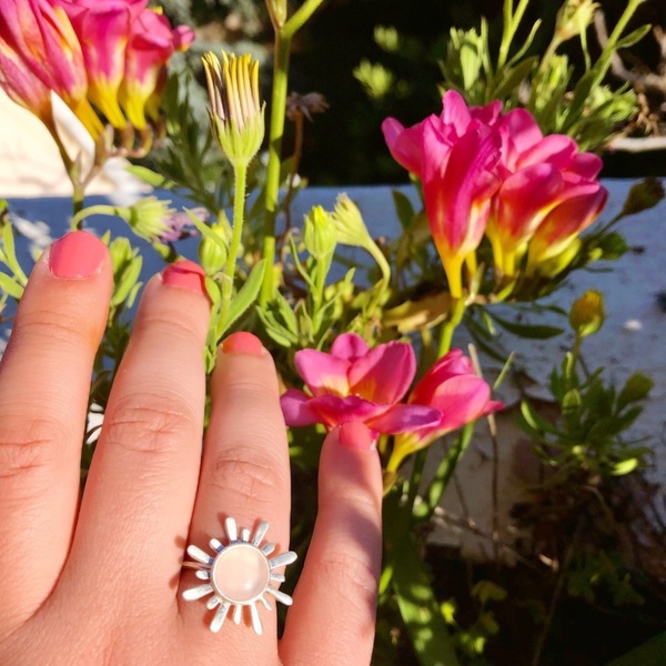 Ασημένιο δαχτυλίδι λουλούδι με πέτρα - ασήμι, ημιπολύτιμες πέτρες, χρωματιστό, αυξομειούμενα - 3