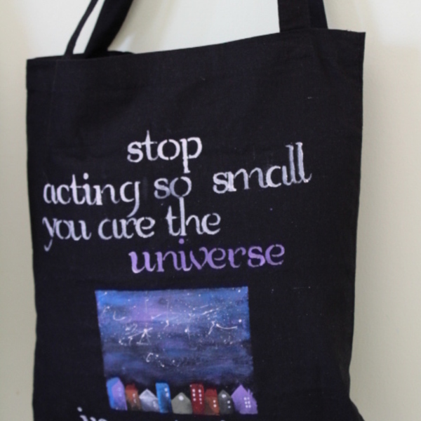 "universe" τσάντα πάνινη ζωγραφισμένη στο χέρι - ύφασμα, ζωγραφισμένα στο χέρι, σπιτάκι, all day - 3