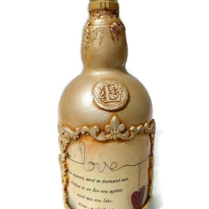 γυαλινο μπουκαλι με μικτες τεχνικες υψος 22 σμ. - γυαλί, χαρτί, βάζα & μπολ, πηλός, διακοσμητικά μπουκάλια