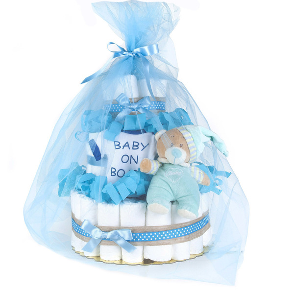 Τουρτα από πάνες - (diaper cake) για αγοράκι - αγόρι, diaper cake, baby shower, δώρο γέννησης, σετ δώρου - 2