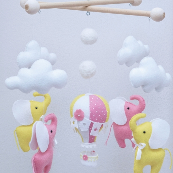 Κίτρινο-ροζ μόμπιλε με αερόστατο και ελεφαντάκια - κορίτσι, μόμπιλε, βρεφικά