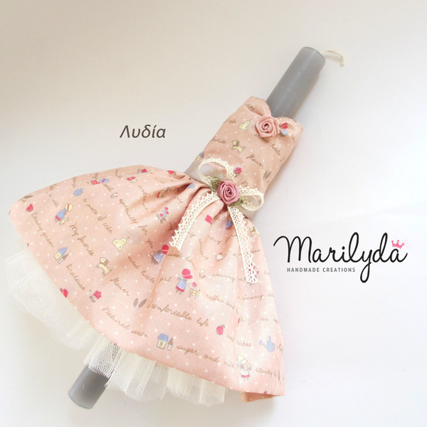 Κοριτσίστικη λαμπάδα με φόρεμα "Λυδία" γκρί κυλινδρικό 30cm - κορίτσι, λαμπάδες, για παιδιά - 3