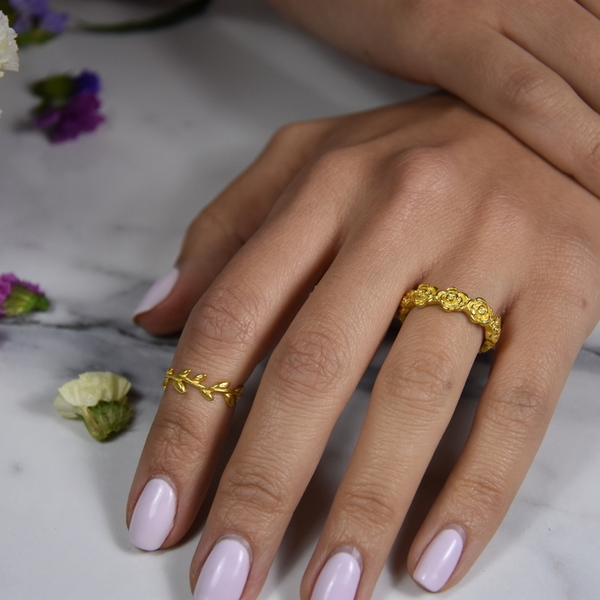 Δαχτυλίδι Midi & Cuff Σκουλαρίκι Φύλλα Ελιάς - ασήμι, chevalier, επιχρυσωμένα, αυξομειούμενα - 2