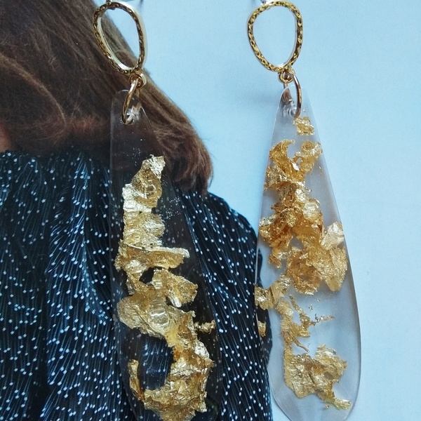 Μακριά σκουλαρίκια από ρητίνη κ φύλλο χρυσού - statement, boho - 2