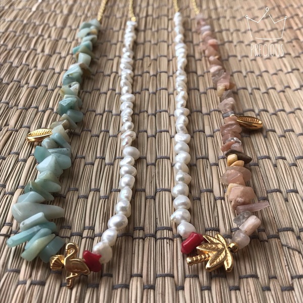 Summer vibes necklace - ημιπολύτιμες πέτρες, μαργαριτάρι, κοχύλι, flamingos - 2