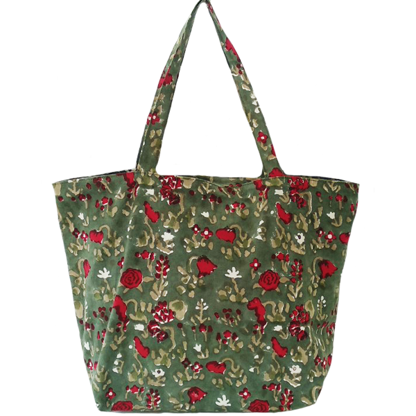 Τσάντα ώμου χειροποίητη πράσινη με κόκκινα λουλούδια μεγάλη - βαμβάκι, ώμου, χειροποίητα, φλοράλ, φθηνές