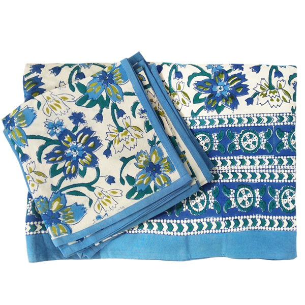 Σετ τραπεζομάντηλο φλοράλ σχέδιο μπλε με 6 πετσέτες φαγητού - βαμβάκι, πετσέτες φαγητού
