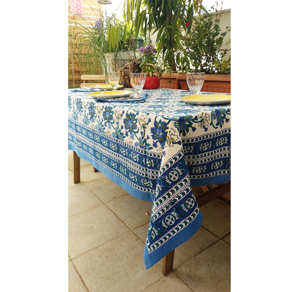 Σετ τραπεζομάντηλο φλοράλ σχέδιο μπλε με 6 πετσέτες φαγητού - βαμβάκι, πετσέτες φαγητού - 4
