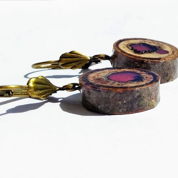Κρεμαστά σκουλαρίκια από ξύλο και υγρό γυαλί - γυαλί, μπρούντζος, κρεμαστά - 2