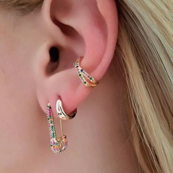 Safety pin earrings - επιχρυσωμένα, ορείχαλκος, κρεμαστά, faux bijoux - 2