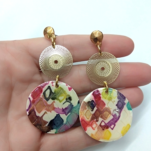 Colourfull clay earrings - γυαλί, επιχρυσωμένα, πηλός, κρεμαστά, Black Friday - 2