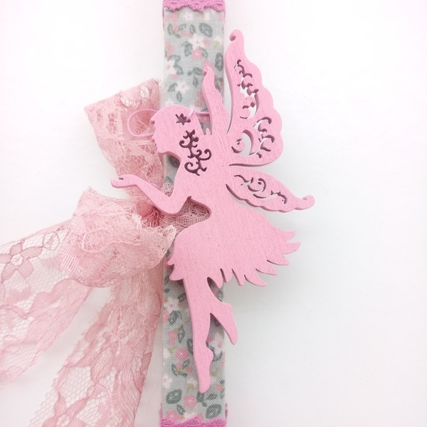 Αρωματική Λαμπάδα με ξύλινη ροζ νεράιδα λουλούδια ύφασμα - κορίτσι, λαμπάδες, για παιδιά, για εφήβους