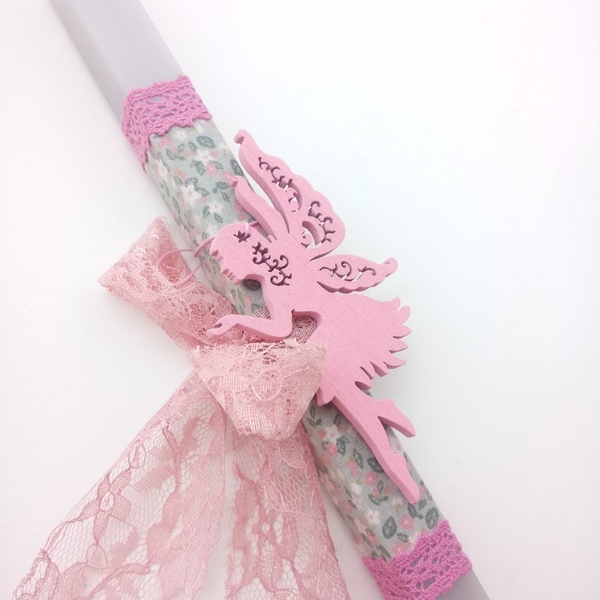 Αρωματική Λαμπάδα με ξύλινη ροζ νεράιδα λουλούδια ύφασμα - κορίτσι, λαμπάδες, για παιδιά, για εφήβους - 2
