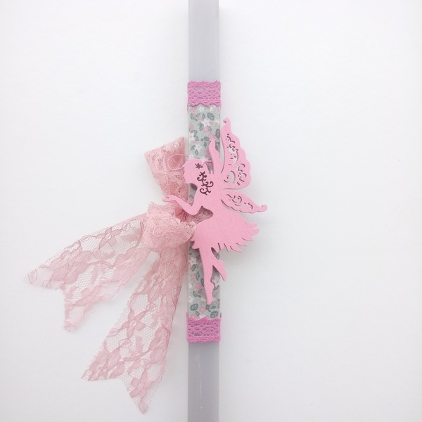 Αρωματική Λαμπάδα με ξύλινη ροζ νεράιδα λουλούδια ύφασμα - κορίτσι, λαμπάδες, για παιδιά, για εφήβους - 3