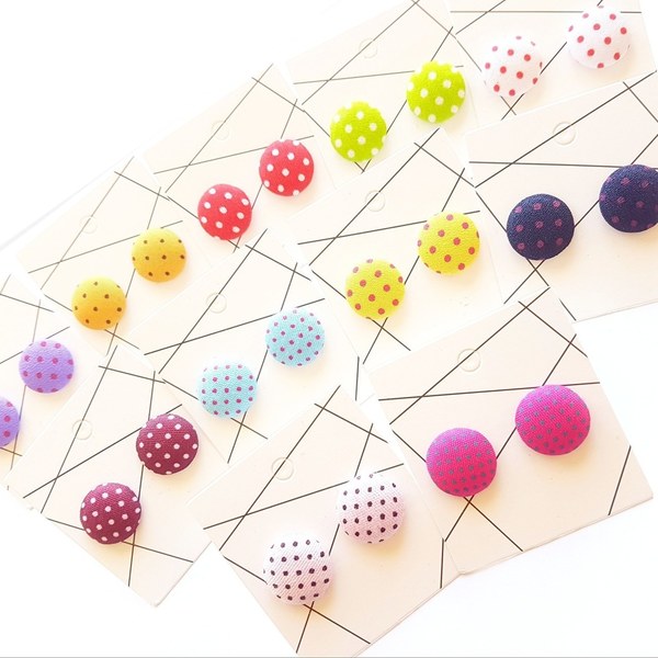 "Polka dot" πολύχρωμα υφασμάτινα σκουλαρίκια με κουκίδες - καρφωτά, faux bijoux, φθηνά