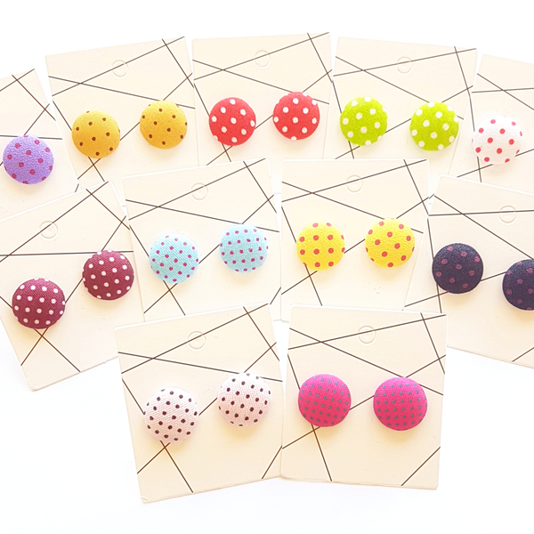 "Polka dot" πολύχρωμα υφασμάτινα σκουλαρίκια με κουκίδες - καρφωτά, faux bijoux, φθηνά - 2
