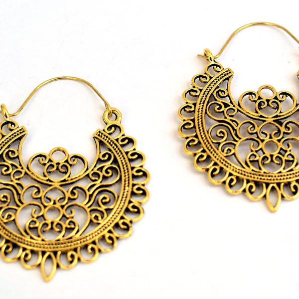 golden earrings - vintage, κρίκοι, boho, ethnic, μπρούντζος