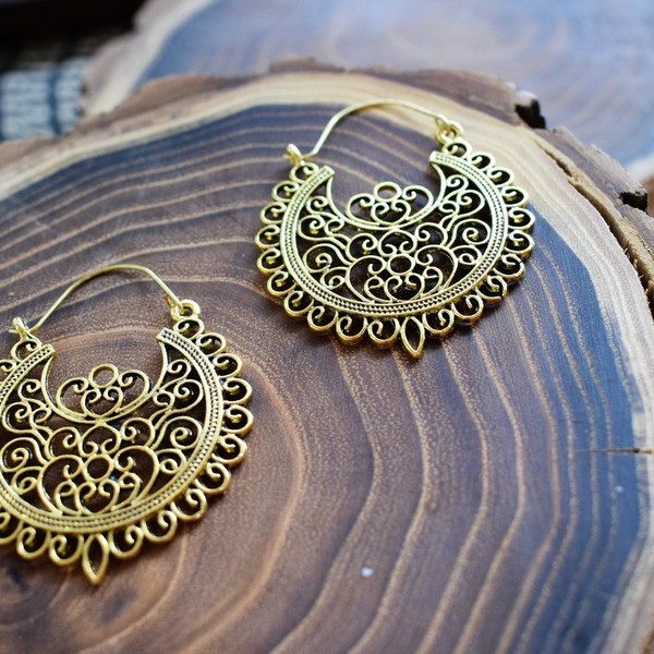 golden earrings - vintage, κρίκοι, boho, ethnic, μπρούντζος - 2