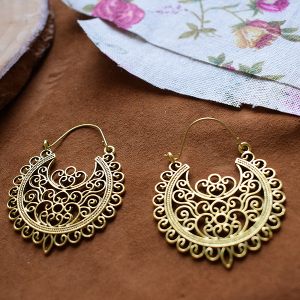golden earrings - vintage, κρίκοι, boho, ethnic, μπρούντζος - 3