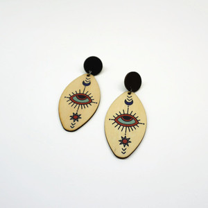 Ξύλινα Σκουλαρίκια "Egypt" - μάτι, boho, ethnic, κρεμαστά, Black Friday - 4