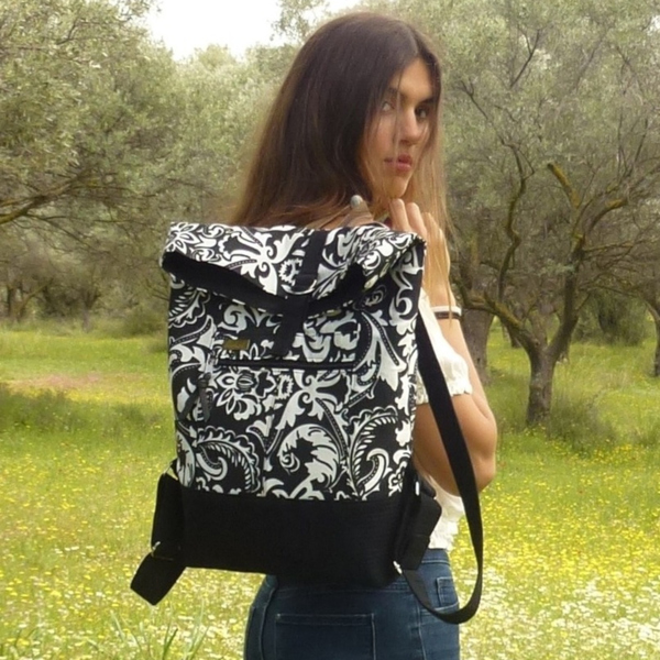 Ασπρόμαυρη Υφασμάτινη Τσάντα πλάτης - backpack - ύφασμα, πλάτης, χειροποίητα, all day - 5