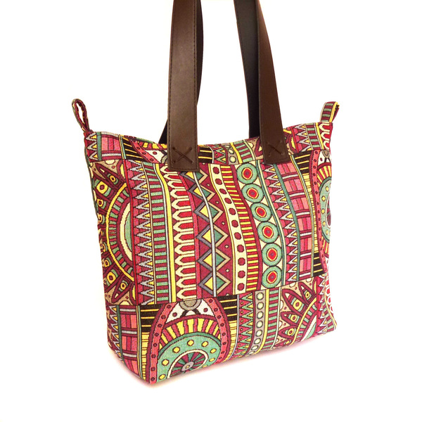 Boho τσάντα - tote bag με λουριά δερματίνης - ώμου, μεγάλες, all day, tote - 2
