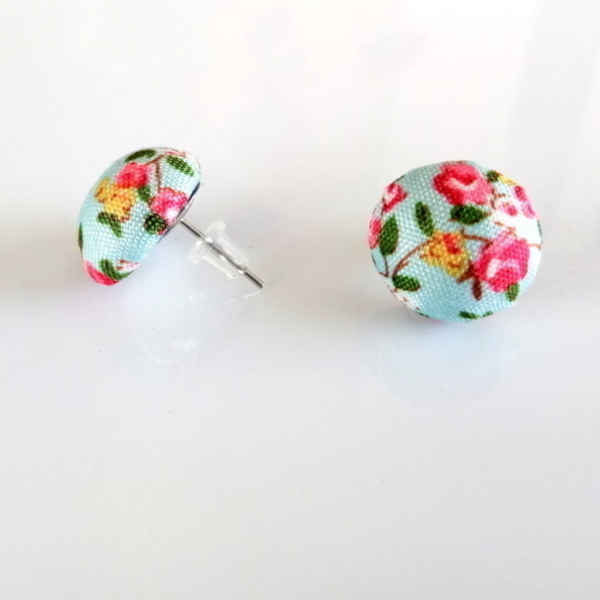 Υφασμάτινα Σκουλαρίκια Κουμπιά Λουλούδια - καρφωτά, μικρά, faux bijoux, φθηνά - 2