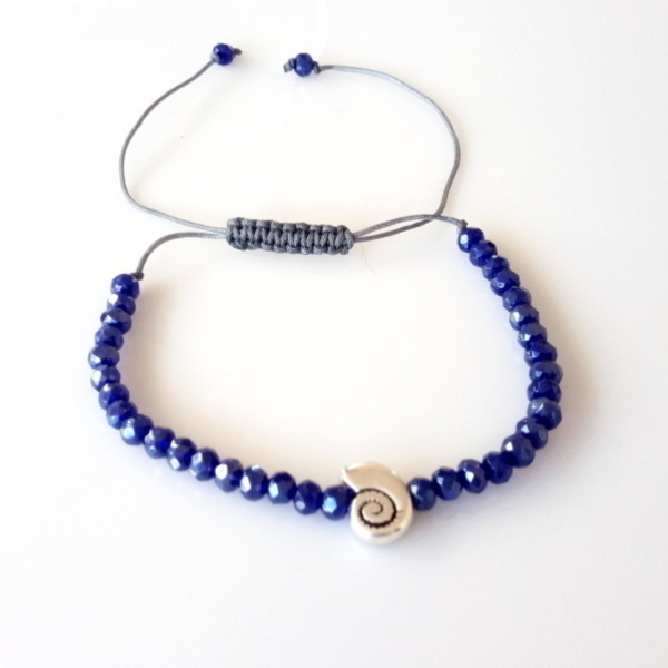 Βραχιόλι μπλε με μεταλλικό κοχύλι - charms, κορδόνια, χάντρες, μεταλλικά στοιχεία, αυξομειούμενα, φθηνά - 2