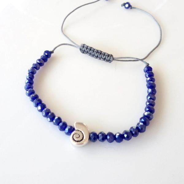 Βραχιόλι μπλε με μεταλλικό κοχύλι - charms, κορδόνια, χάντρες, μεταλλικά στοιχεία, αυξομειούμενα, φθηνά - 3