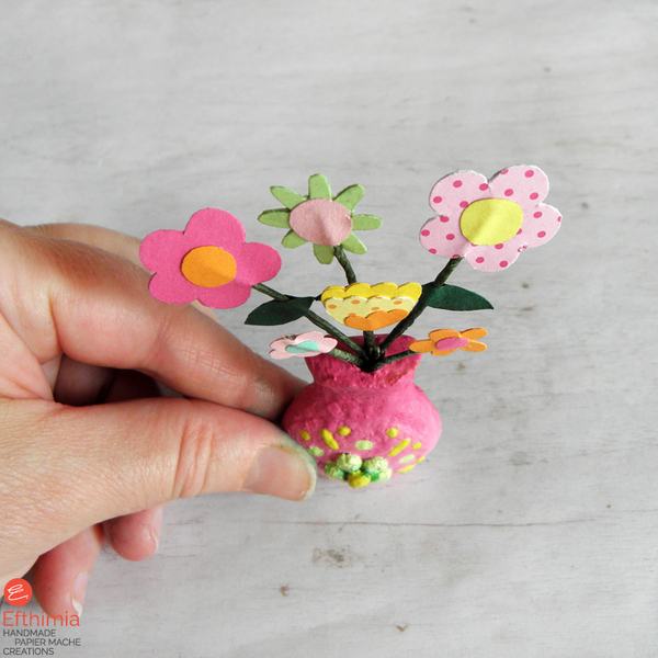 Μικρό χειροποίητο ροζ βάζο με λουλούδια, μαγνήτης - λουλούδια, δώρα γενεθλίων, δώρα για δασκάλες, μαγνητάκια ψυγείου - 4