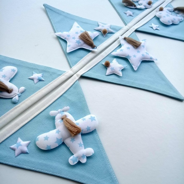 Γαλάζια Σημαιάκια με Αεροπλανάκι Συννεφάκια και Αστέρια - αγόρι, γιρλάντες, pom pom, συννεφάκι, αεροπλάνο - 4