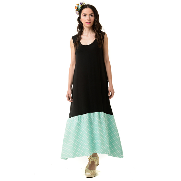 Φόρεμα με Φιόγκο στην Πλάτη Μαύρο Πουά Mint - βαμβάκι, πουά, αμάνικο, midi - 2
