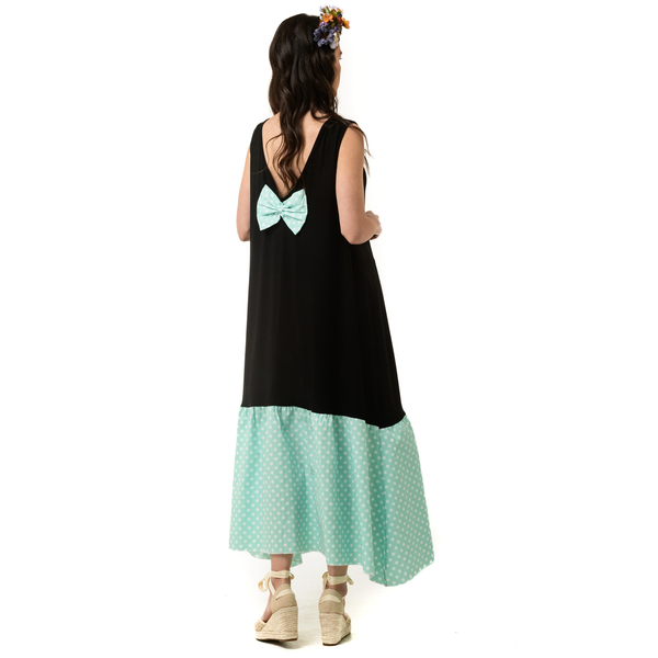 Φόρεμα με Φιόγκο στην Πλάτη Μαύρο Πουά Mint - βαμβάκι, πουά, αμάνικο, midi - 3